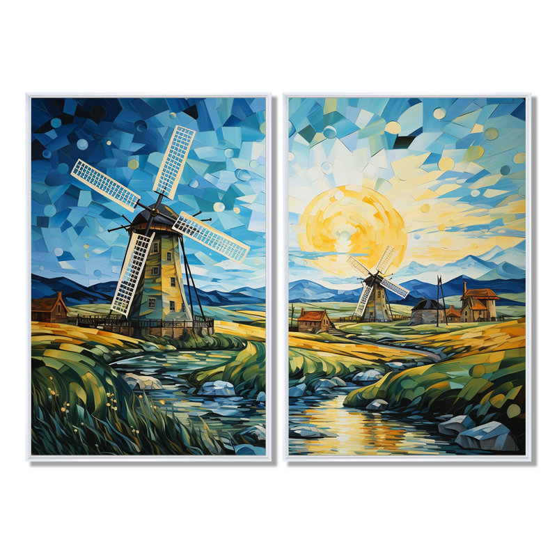 «Blue Calm Windmill Meadows», art mural industriel, 36" H x 48" W, Impression encadrée flottante, White