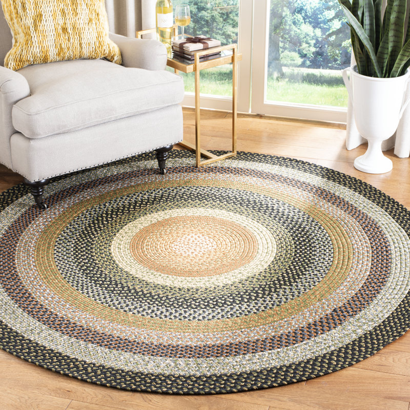 Tapis d'intérieur / extérieur géométrique tissé à la main Georgina, Rond 3 pi, Brown/Green