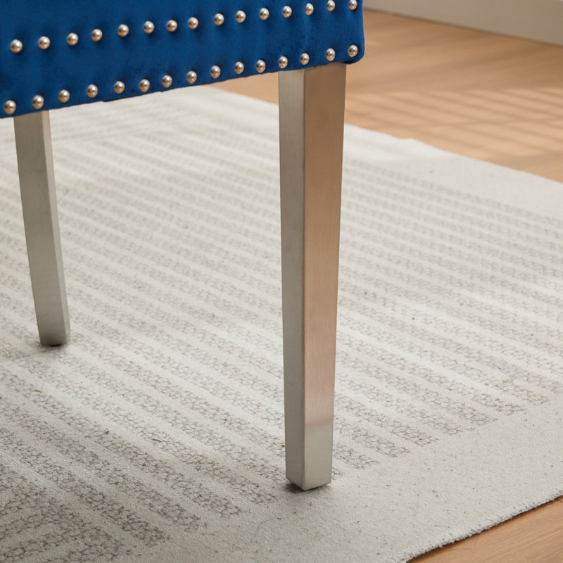 Banc de salle à manger en velours capitonné avec dossier à oreilles et pieds en acier inoxydable, Bleu