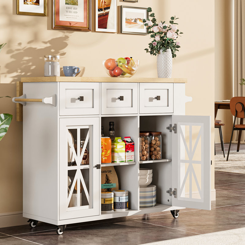 Farmhouse Style 41.3’’ L Wooden Mobile Kitchen Island With Drop Leaf Countertop, Rolling Kitchen Cart With Storage Cabinets, Drawers And Side Racks For Home Kitchen And Dining Rooms