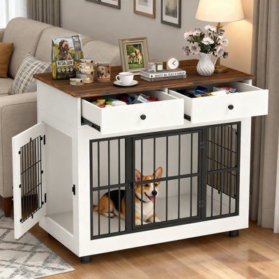 Meuble de rangement pour chien en bois 3-en-1 avec tiroirs de rangement, table de bout robuste à l'épreuve des mâchoires avec 3 portes et verrous
