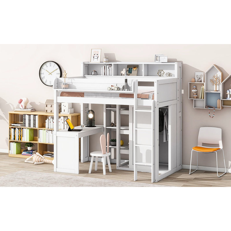 Lit mezzanine simple avec structure stable et garde-robe, rangement en bois blanc pour les vêtements, Blanc