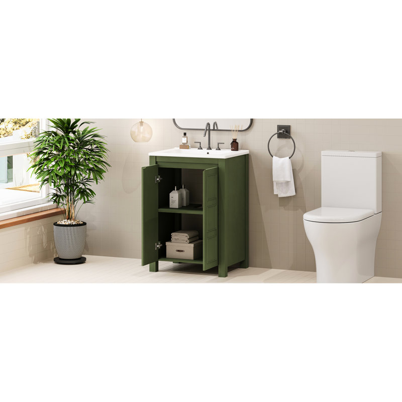 Petit meuble-lavabo vintage 24 "avec lavabo en céramique, 2 portes à fermeture en douceur, rangement réglable pour garder les objets bien rangés
