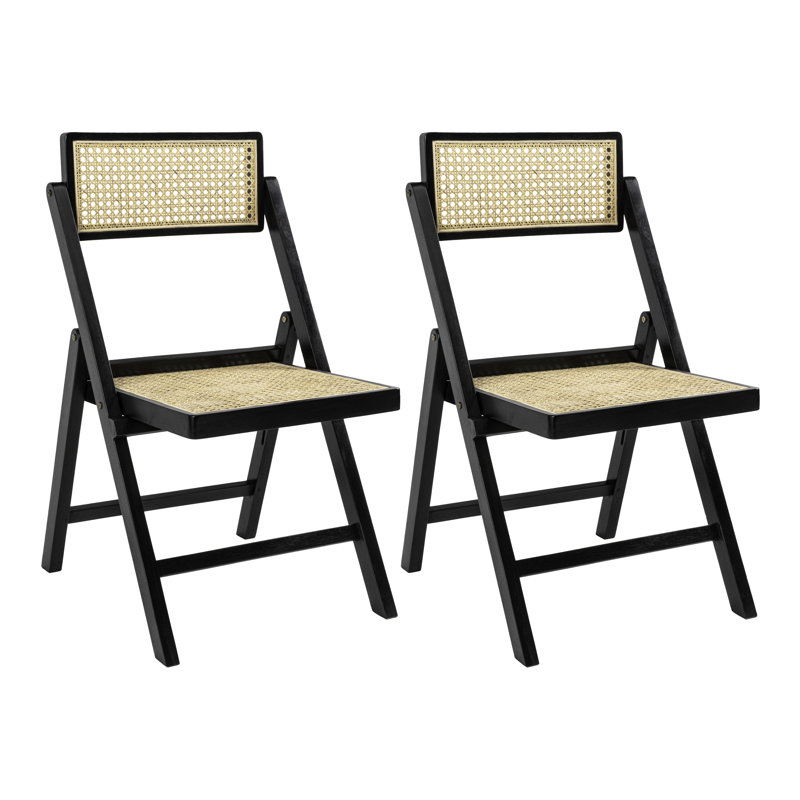 Sièges de canne Theo Mid-Century en teck et rotin sans accoudoirs tissés pour la salle à manger et le salon, Noir