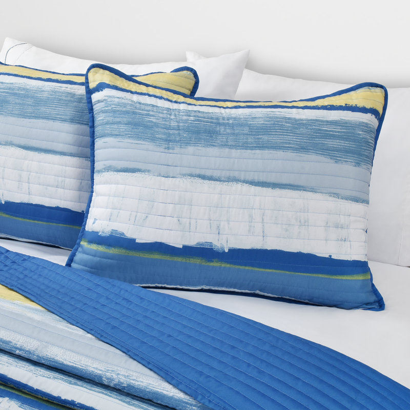 Nautical Blue Microfiber Queen Quilt Set with Stripes