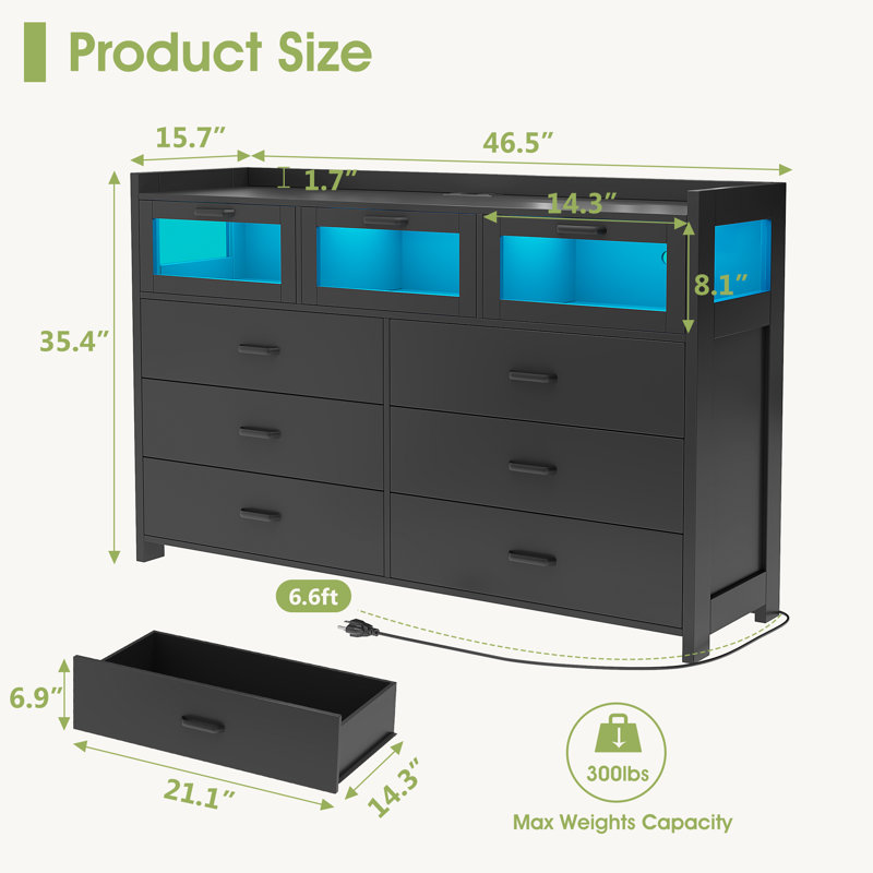 Jerral 6 - Drawer Dresser with Power Outlet & LED Light, Chest Of Drawers with Visual Storage Space, Black