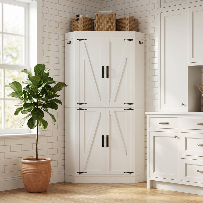 Garde-manger en coin 71 po | Rangement de cuisine à 4 portes de style campagnard, Blanc