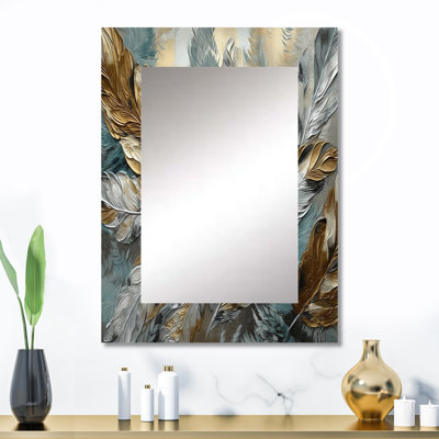 Argent et or Expressions de la liberté I - miroir de plumes bohème, miroir mural traditionnel unique, impression d'art en métal