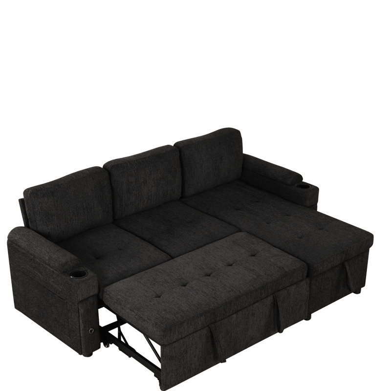 83.5" L-Shaped With Side Pockets, Cup Holders, Ports & Soft Fabric, Black Design Reversible Chaise Lounge, Storage Compartment, Holders Ports,