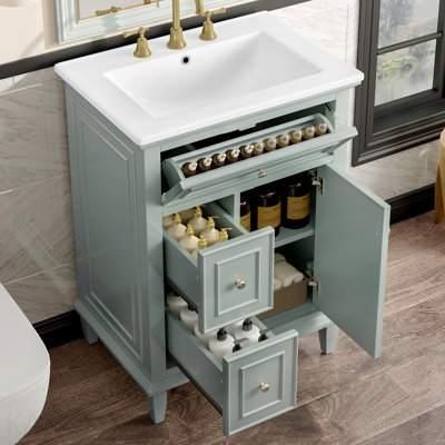 24" Bathroom Vanity With Sink, Bathroom Vanity Cabinet With One Flip Drawer And Two Drawers, Adjustable Shelf, Solid Wood And Mdf, Green