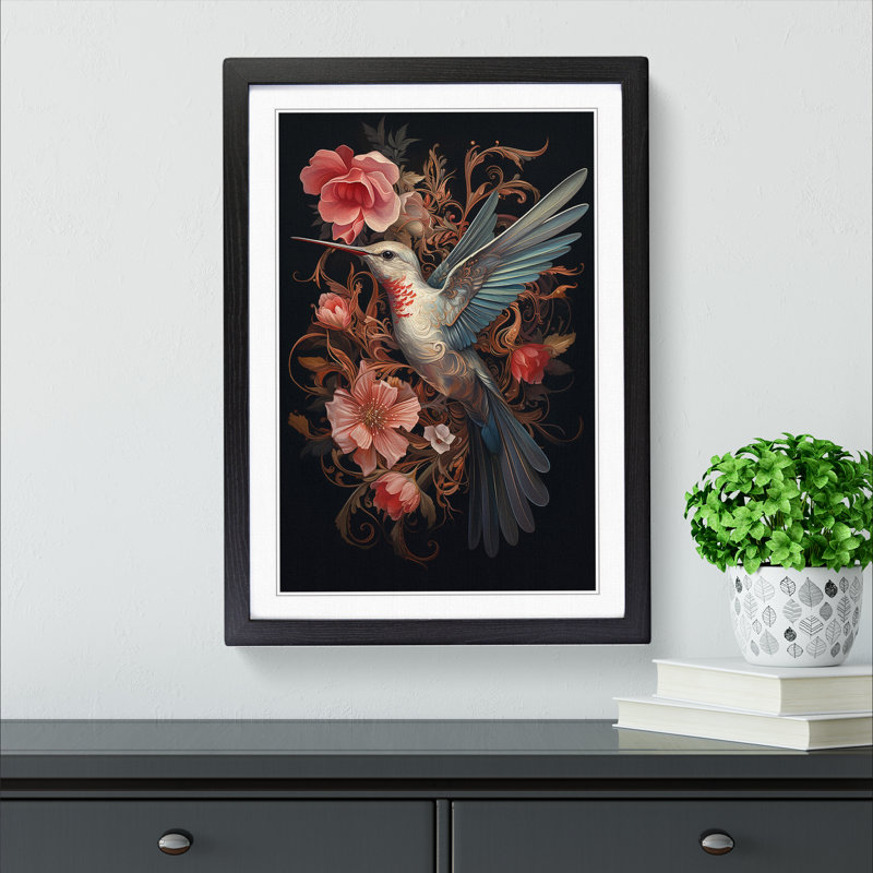 Hummingbird Baroque - Single Picture Frame Print on Wood, Black, 46cm H x 34cm W x 2cm D