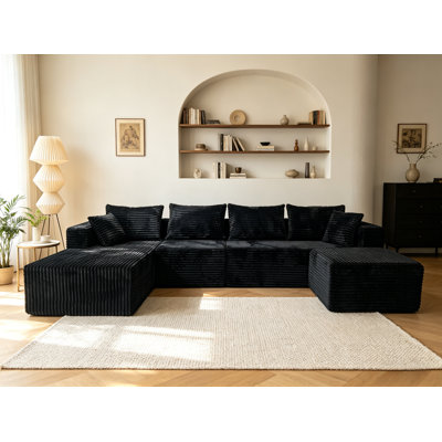 Boneless 118"u Shape Modular Sectional Sofa, Compressed Sectional Sofa Modern Minimalist Style Corduroy Couch, Sleeper Sofa For Living Room, Bedroom, Comfy Compressed Sofa Couch Space-efficient Design Right Green