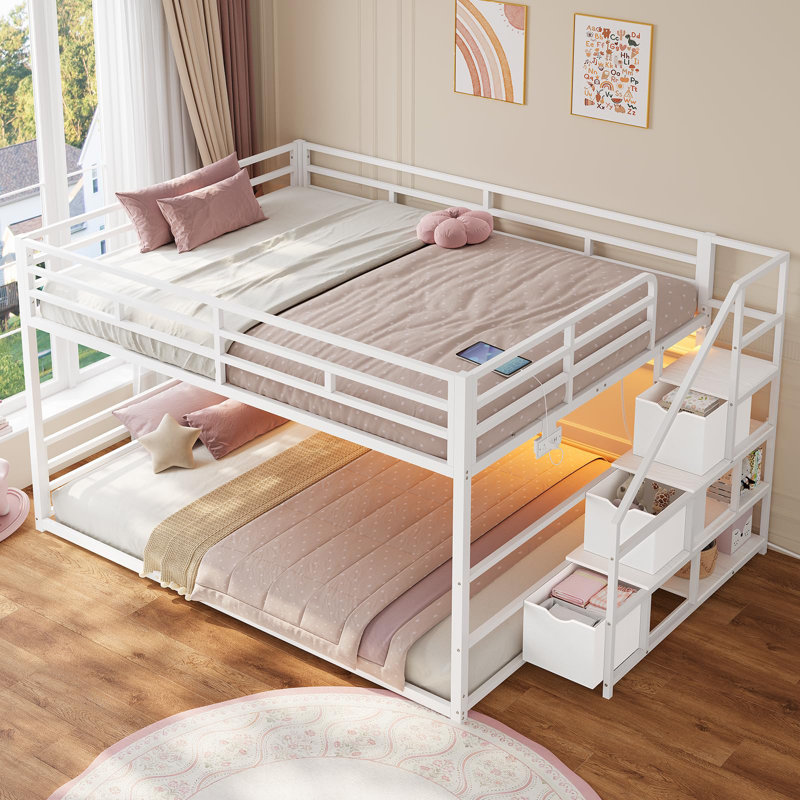 Twin Over Twin Low Bunk Bed With Storage Staircase, Drawers And Shelves, Led Lights, Power Outlet, Full-length Guardrail, For Small Space
