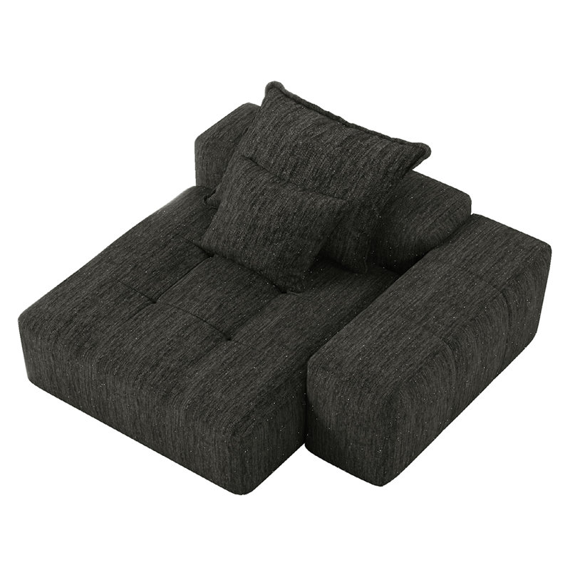 Modern Black Chenille Modular Chaise Sofa, Oversized 1-Seater Sectional With Tufted Cushions, Square Arm & 2 Pillows, No Assembly Needed