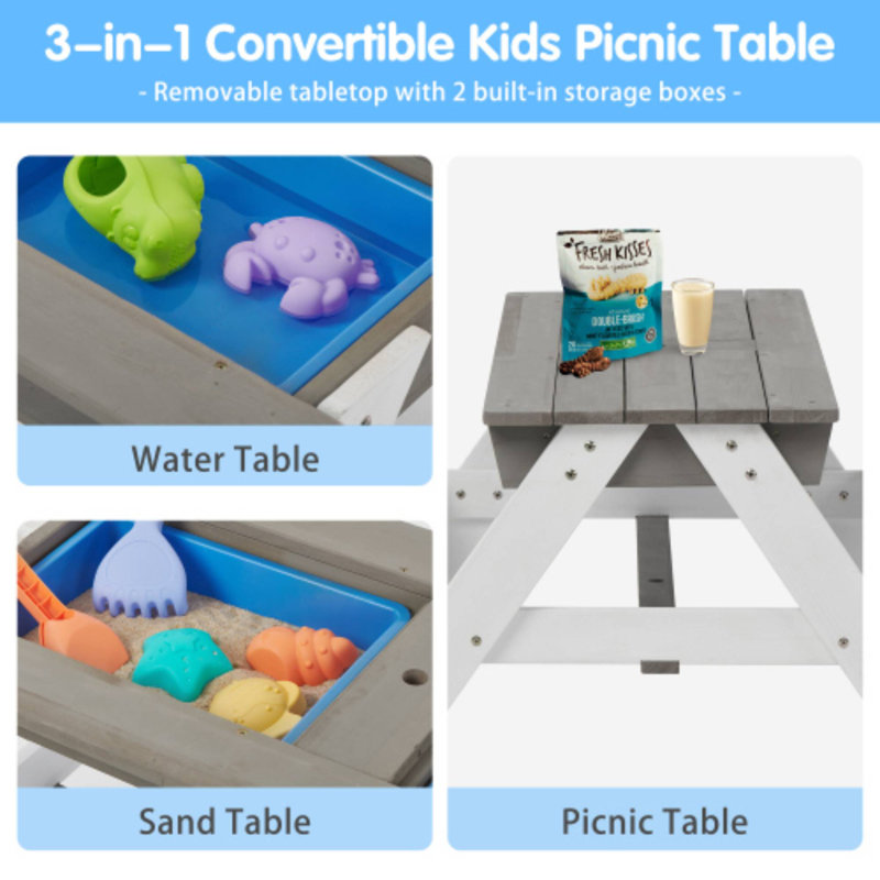3-In-1 Kids Outdoor Wooden Picnic Table With Umbrella For Backyard Summer Playdates & Patio Sand Fun