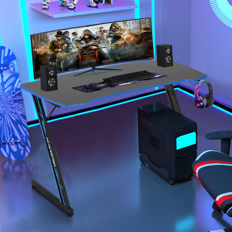 Ergonomic Z-Shaped Computer Desk With Headphone Hook, 47 Inch, Gray/Blue/Black