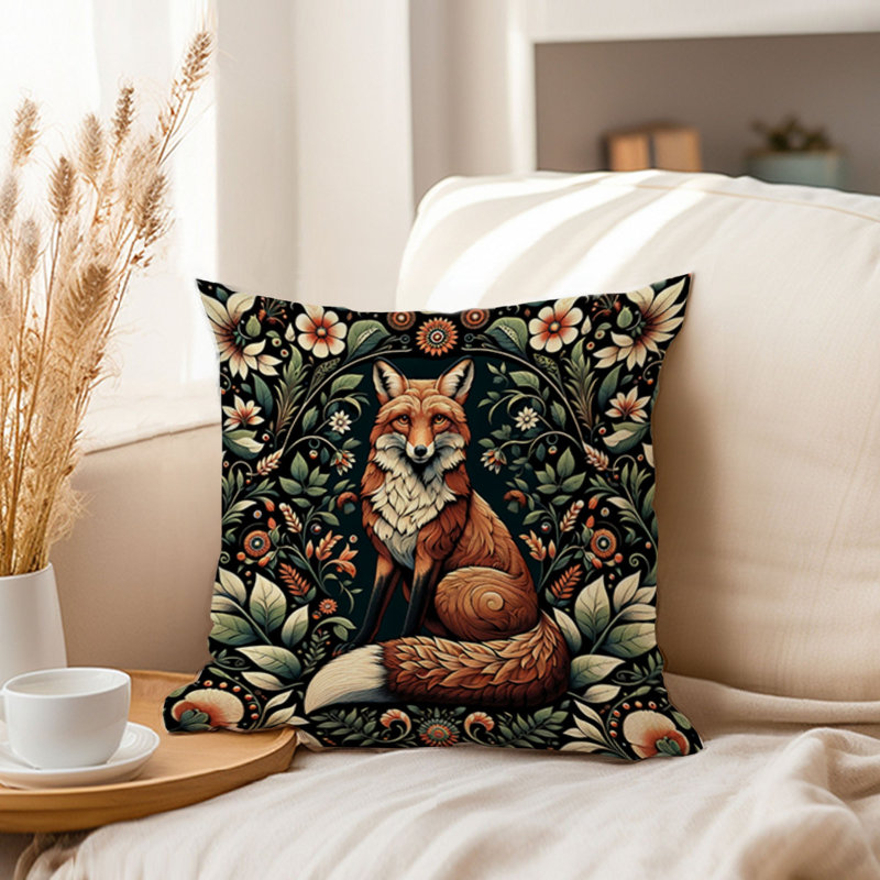 Animals William Morris  Botanical Damask Style Fox III Cottage & Cottagecore, 18"H x 18"W