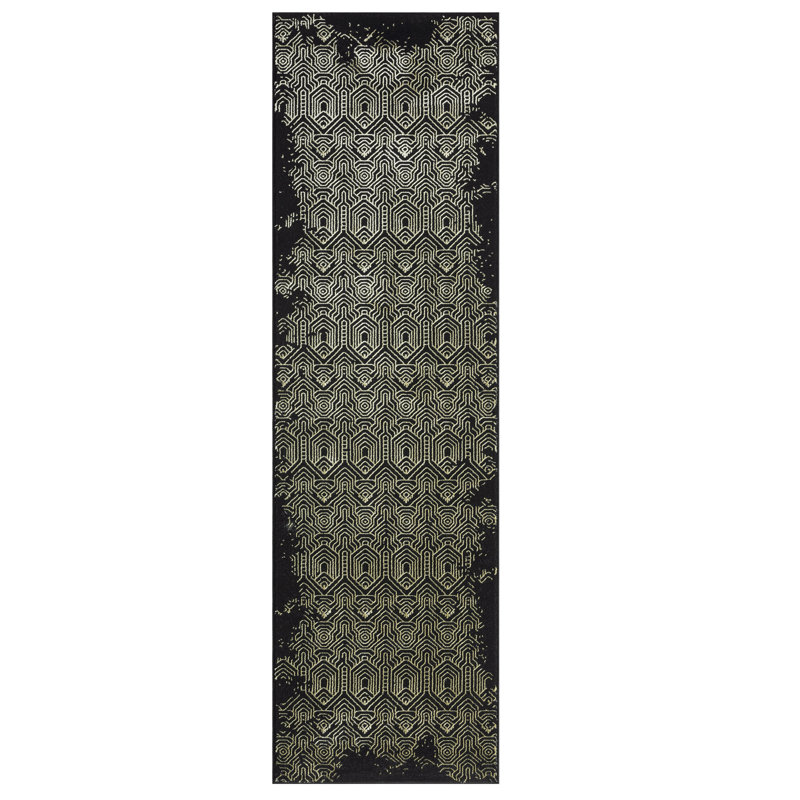 Ksamil Geometric Abstract Area Rug In Black/Gold, Runner 2'3" x 7'10" 
