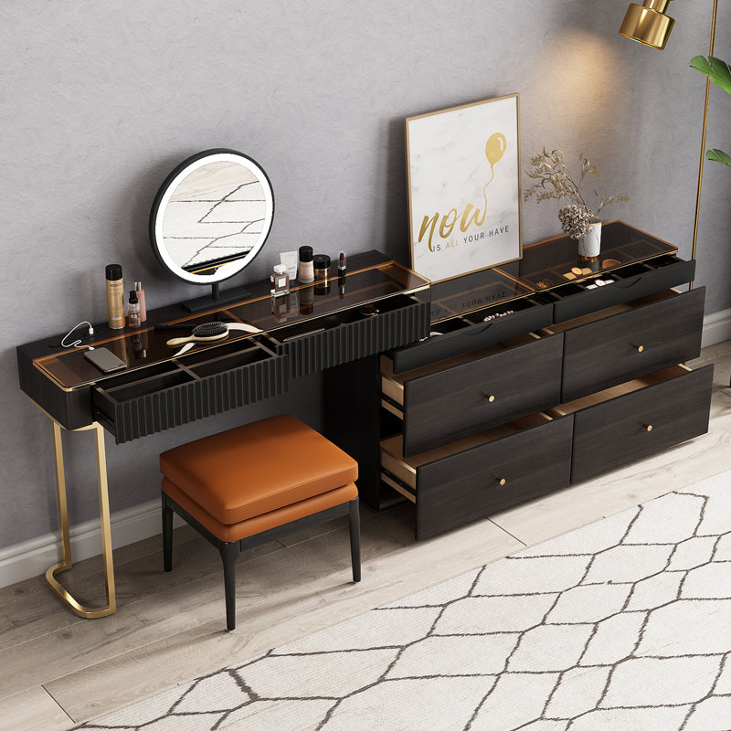 Glass countertop vanity set with built-in outlet, stool included, extra storage space, very easy to assemble, Black