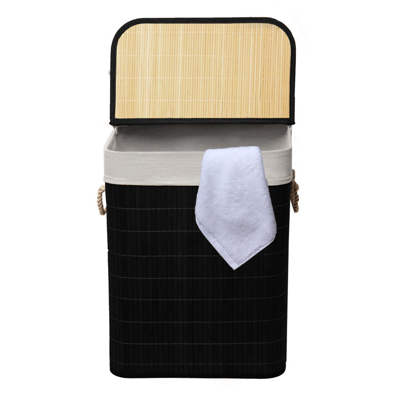 65L Square Bamboo Foldable Laundry Basket With Lid And Liner Black