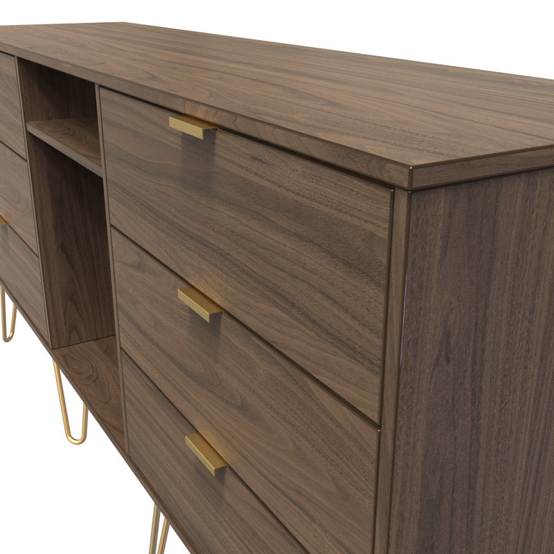 Hong Kong 6 Drawer Sideboard in Vintage Oak (Ready Assembled), Walnut/Gold