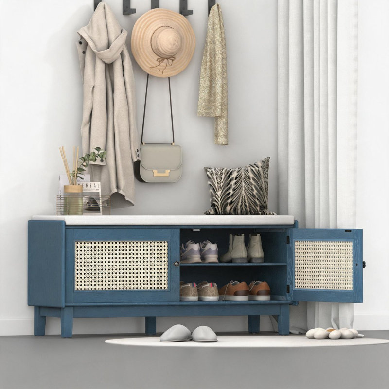 Banc à chaussures, Bleu marine antique / beige