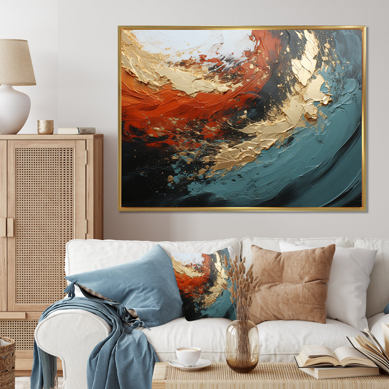 Orange et marbre orange, lave I - art mural abstrait, Cadre d'angle fermé noir, H 30 po x l 40 po x P 1,5 po