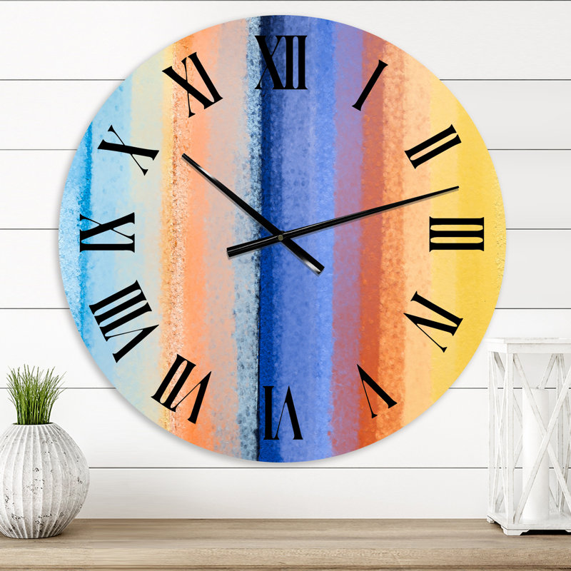 Minimal Composition de coups verticaux en bleu jaune et orange - horloge murale moderne, Petit