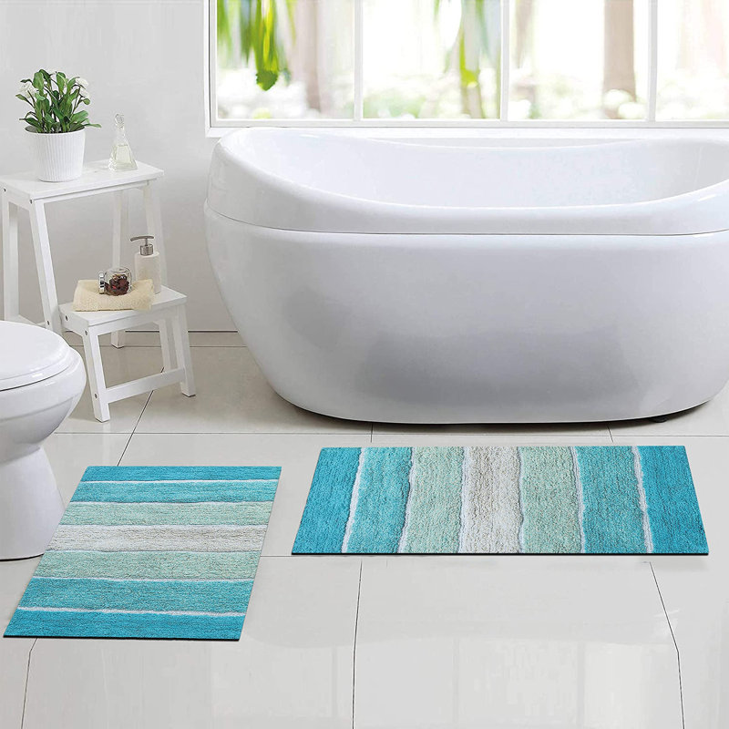 Ensemble de 2 tapis de bain à rayures antidérapants 100% coton Cervantes, Aigue-marine / turquoise, 21''x34''/17''x24''