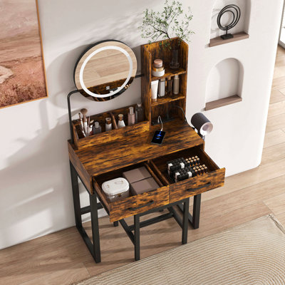 Coiffeuse de maquillage avec lumières à DEL et 3 coiffeuses de maquillage couleur et prise de courant avec 2 grands tiroirs avec pieds en métal robustes et chaise en métal, coiffeuse pour le vestiaire de la chambre à coucher (brun)