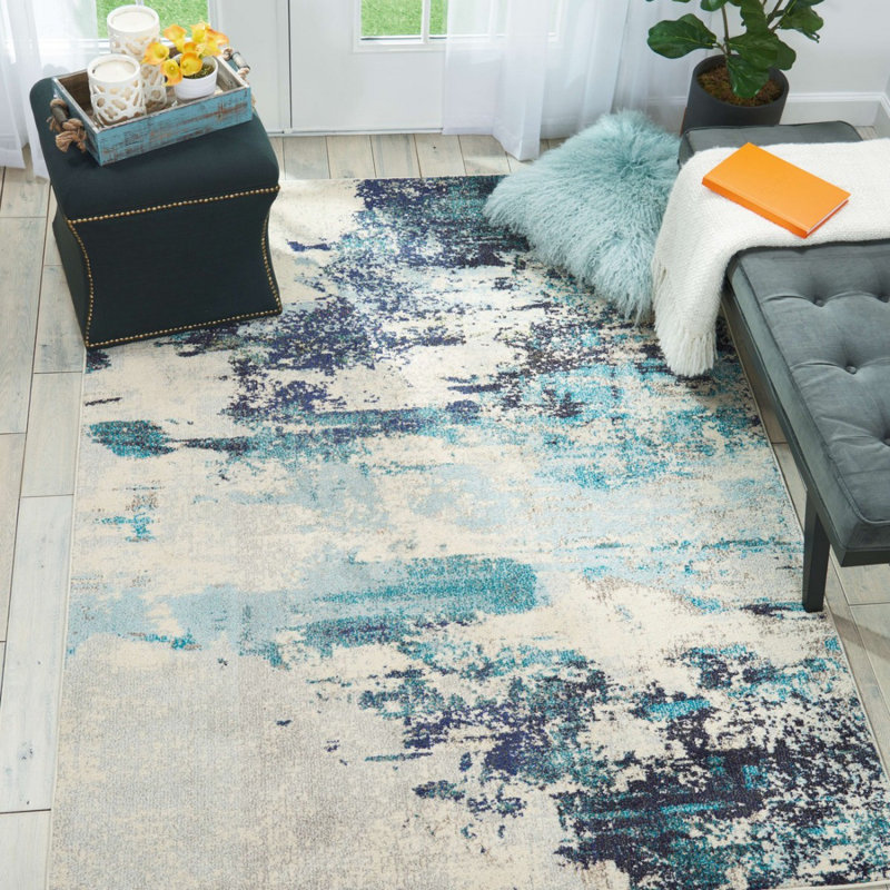 Teal/Blue Rug, Abstract Graphics Rug, Stain Resistant Rug, Modern Rug For Bedroom, & Dining Room, Round 160 cm