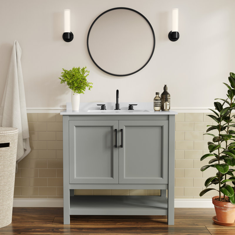 Meuble-lavabo de 36 po avec lavabo encastré et tablette de rangement ouverte Castielle, Gris, Noir
