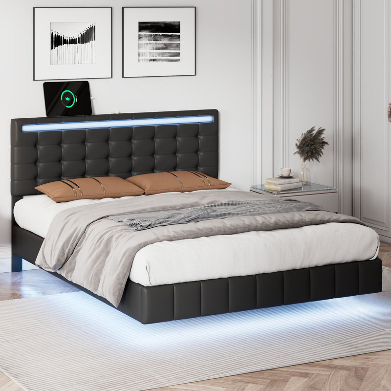 Cadre de lit flottant de taille avec lumières DEL et charge USB, cadre de lit tapissier moderne à plateforme DEL, Lit double