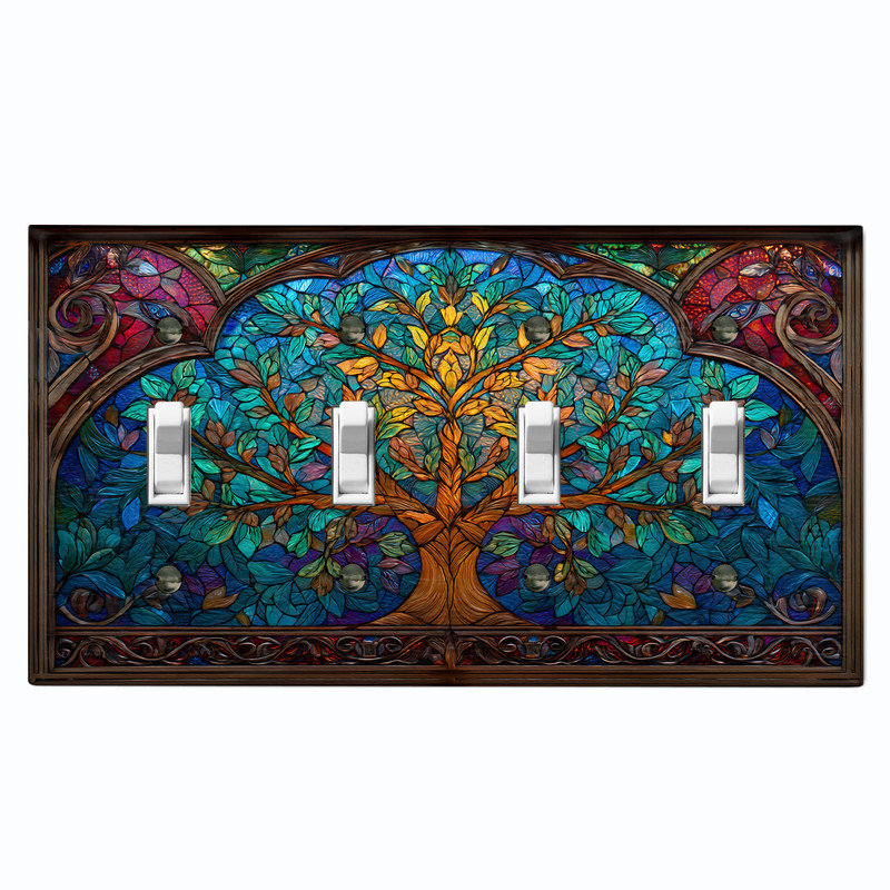 Couvercle de plaque d'interrupteur en métal; Bascule à 4 bandes US standard - image imprimée de l'arbre de vie en verre coloré