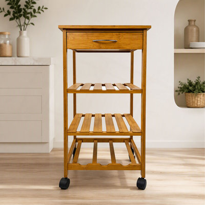 Meuble de salle à manger contemporain à roulettes avec tiroirs de rangement et étagères ouvertes.