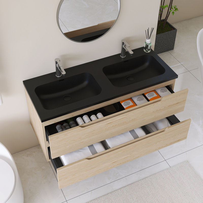 Meuble-lavabo double mural avec plateau en sable noir intégré