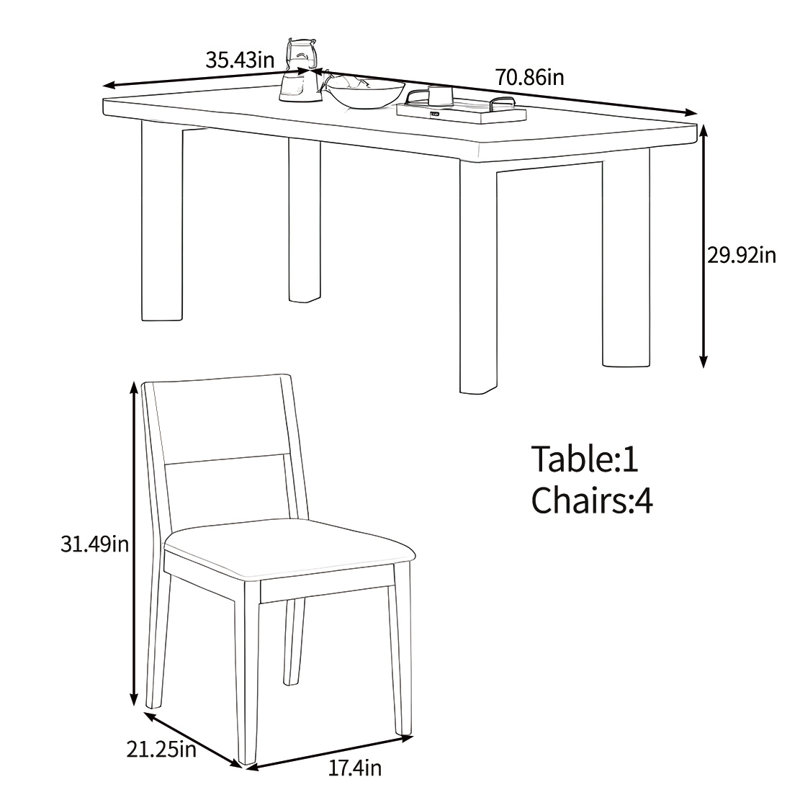 Ensemble de table en bois massif haut de gamme, H 29,92 po x L 70,86 po x l 35,43 po