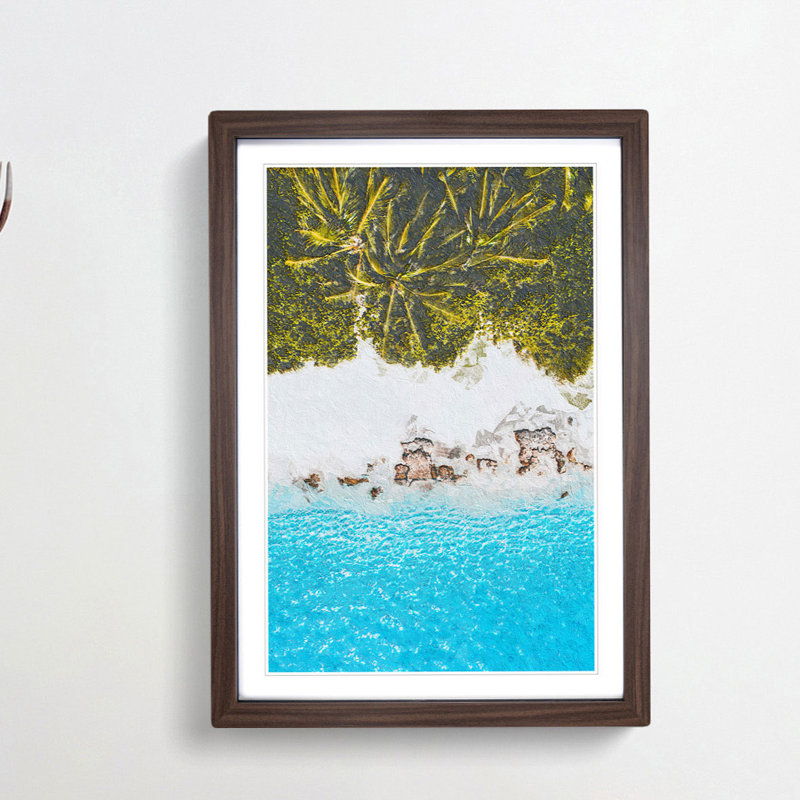 Palm Trees by the Beach in the Maldives - Picture Frame Painting Print on MDF, Walnut Framed, 65cm H x 48cm W x 2cm D