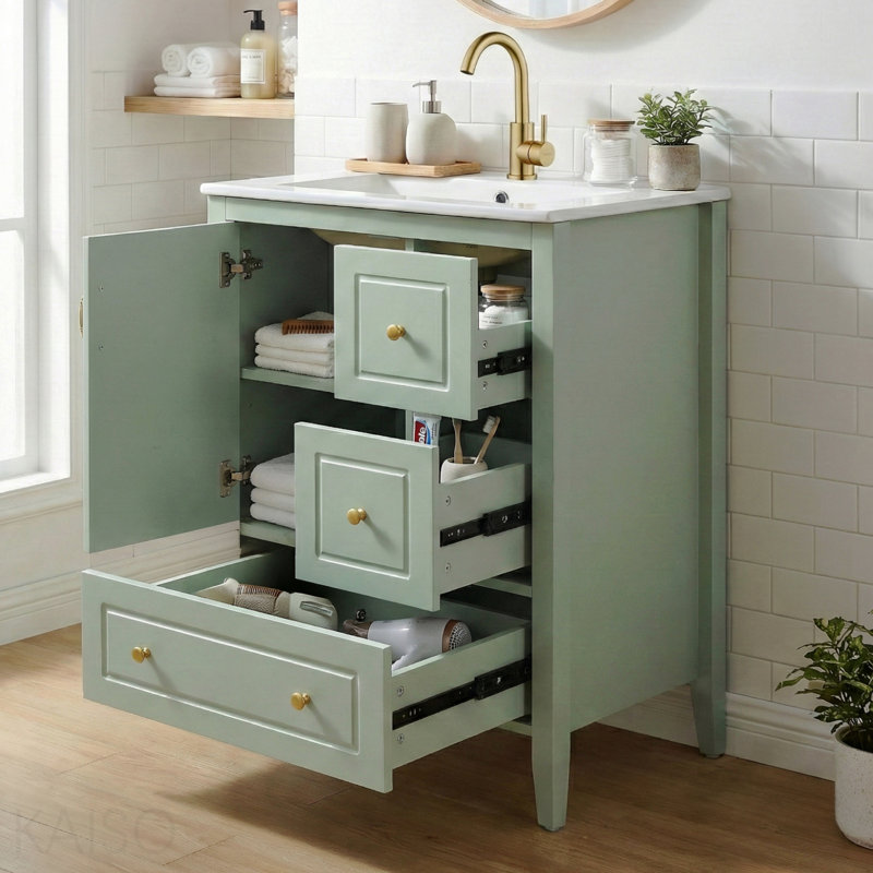 Meuble-lavabo 24 po avec lavabo, 1 armoire avec porte à fermeture douce, 3 tiroirs à fermeture douce, poignées en métal rétro, vert clair