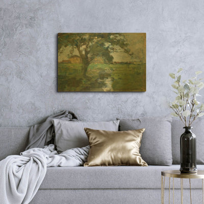 'Farm Settin with Foreground tree and Irrigation Ditch, 1900' By Piet Mondrian Gold Metal Wall Art, 36" x 24"
