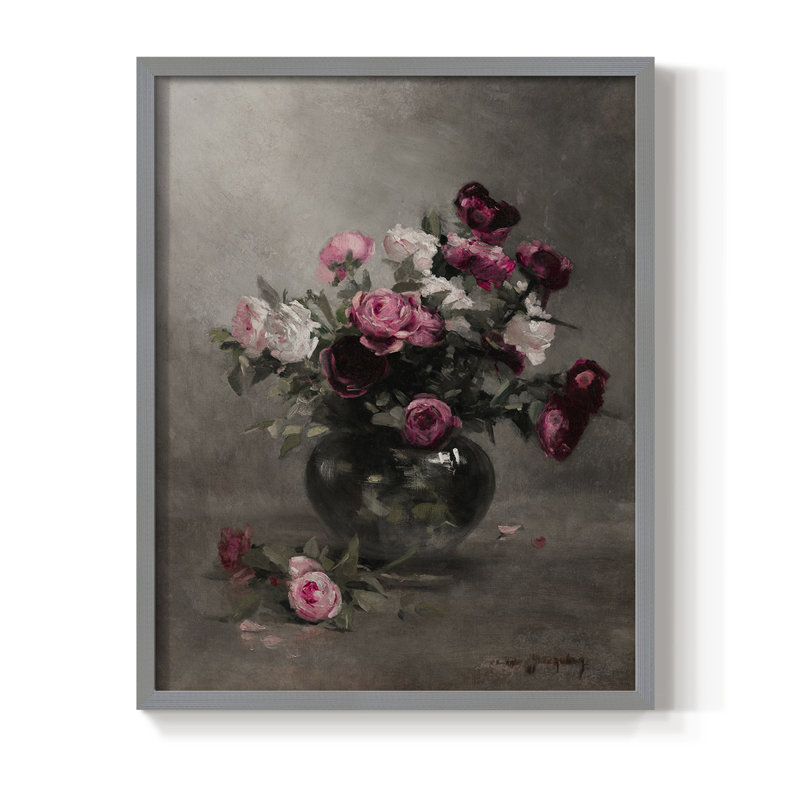 Vintage Floral Print CCLVII Framed Print - Solid Wood, H 21 po x l 17 po, Gris