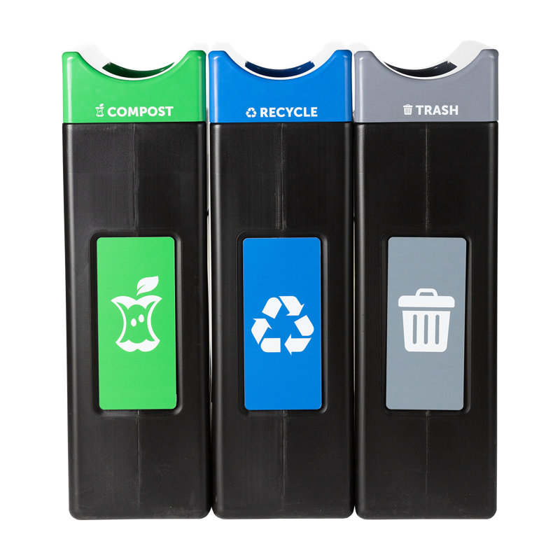 Centre de poubelle, de recyclage et de compost à 3 jets Commercial Zone Avante, unités ouvertes de 3 à 30 gallons, doublures incluses