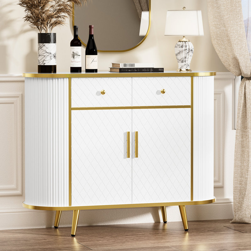 Buffet de luxe incurvé avec détails cannelés et 2 tiroirs, blanc et doré, pour le hall d'entrée - Style moderne, intérieur réglable, tiroirs à fonctionnement doux, hauteur de 28,38 po