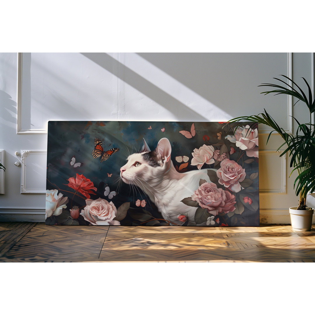 Wandbild 120x60cm Weißes Katze Hauskatze Blumen Schmetterlinge Kunstvoll