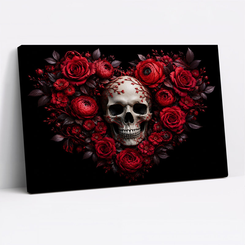 «Red Rose Heart» en forme de couronne entourant un art d'Halloween sur toile, H 28 po x l 40 po
