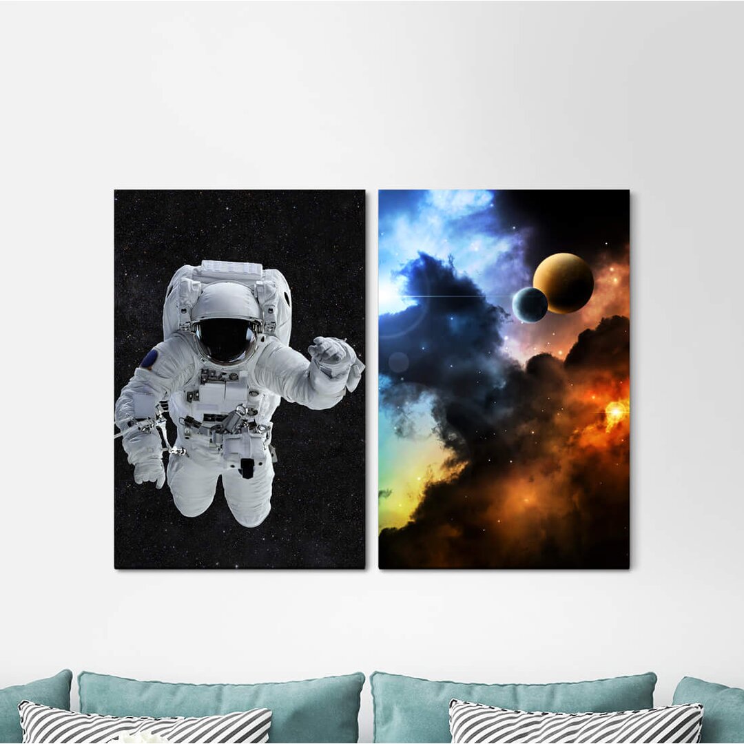 2-tlg. Leinwandbilder-Set - Grafikdruck „Astronaut Space Fog Planets Cosmos Stars Fantasy”