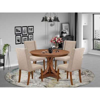 Dining Table Set consists of a dining table and Light Tan Linen Fabric dinning chair with Padded Back - Antique Walnut