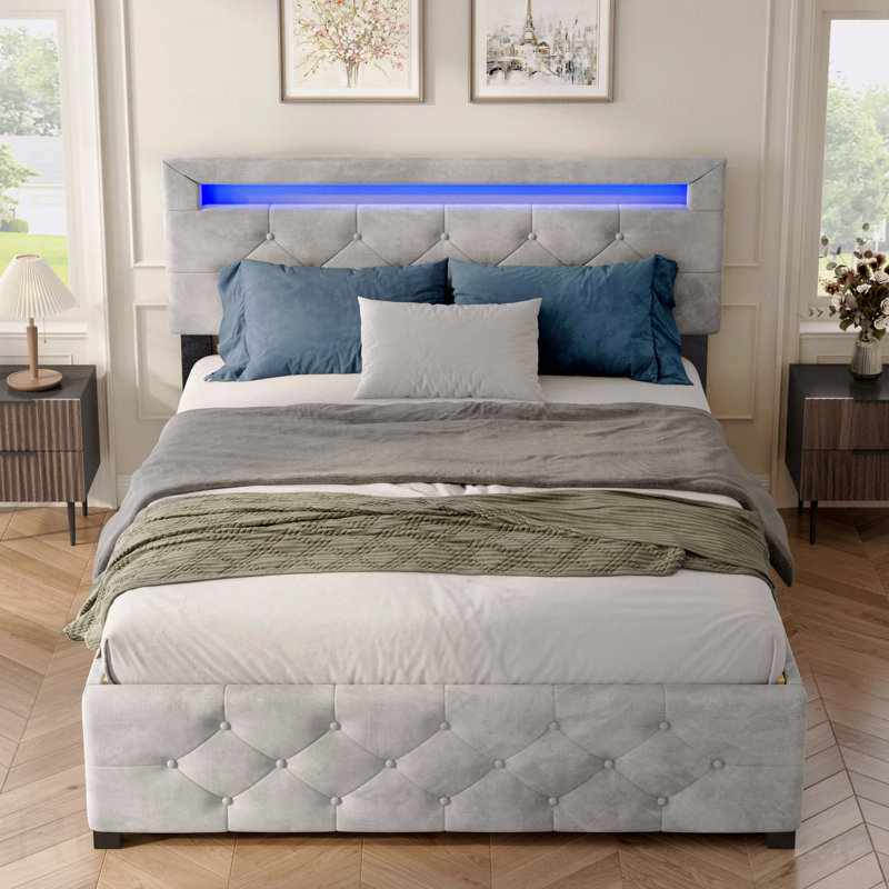 Grand espace de rangement grand lit, DEL, plateforme tapissier, 4 tiroirs