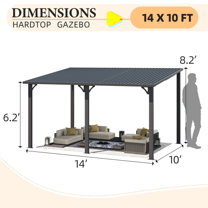Pavillon de jardin à toit rigide avec toit incliné en acier galvanisé, H 98,4 po x l 168 po x P 120 po