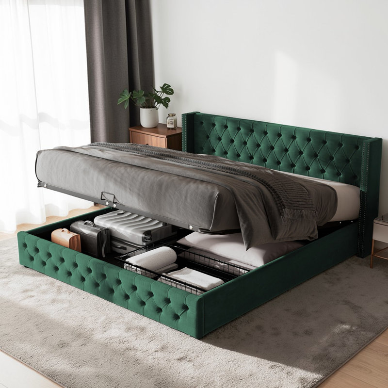 Parral Upholstered Storage Bed, Green, Single (3')